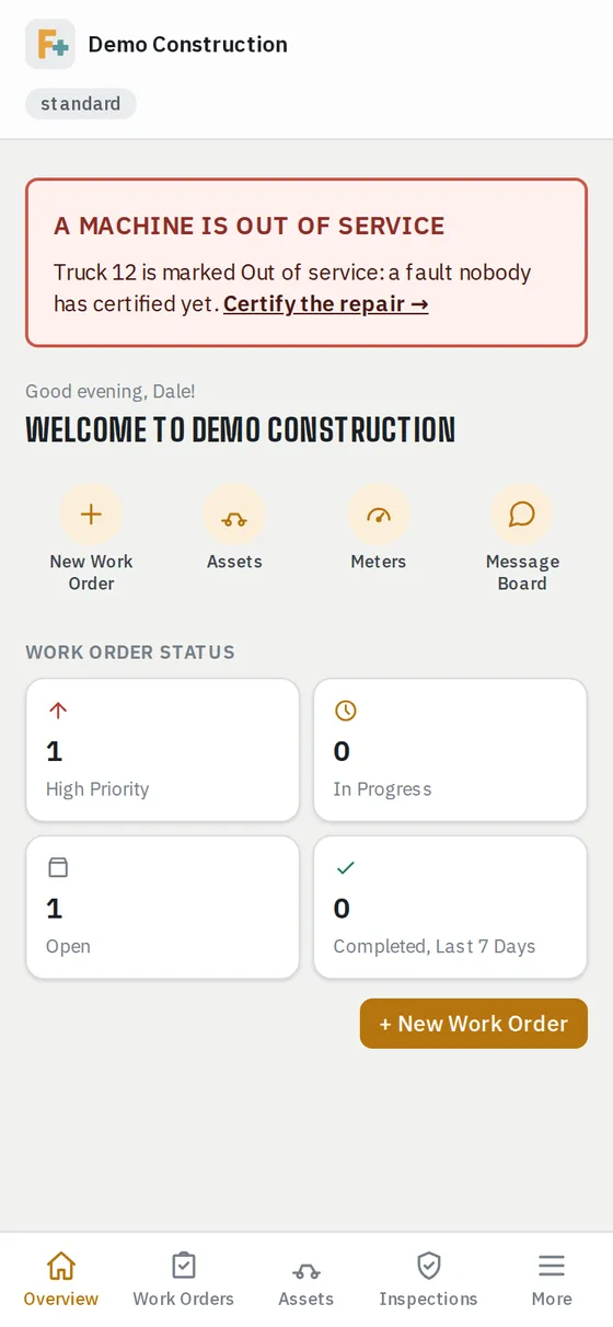 A dashboard with a red band reading A machine is out of service, naming Truck 12 and linking to certify the repair.
