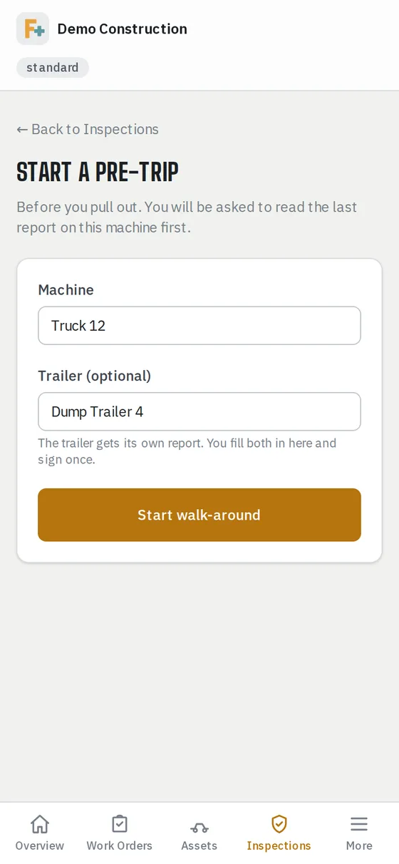 A phone showing the start of a pre-trip inspection, with Truck 12 and Dump Trailer 4 picked and a Start walk-around button.